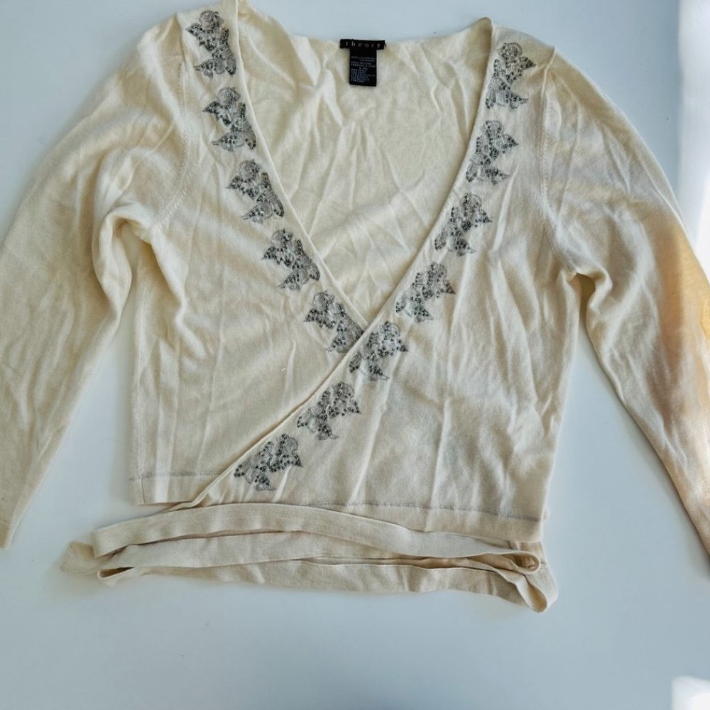 Theory Cream Cashmere Ballet Wrap Sweater, Size L